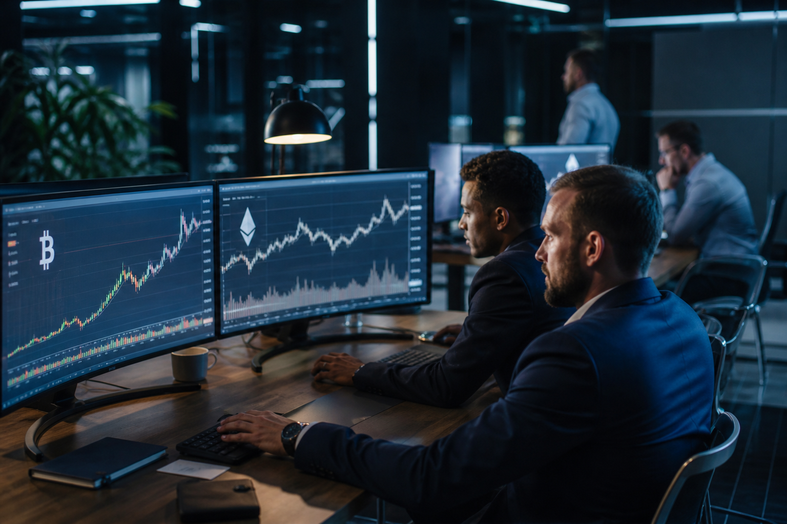 Professional crypto traders monitoring live market data