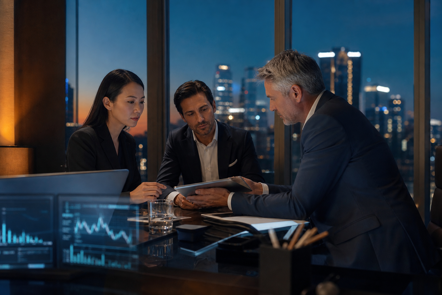 International investors collaborating in a modern fintech office